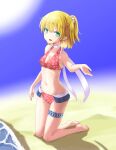 1girl absurdres alternate_costume bangs barefoot beach bikini bikini_skirt blonde_hair blurry blurry_background breasts closed_mouth commentary_request eyebrows_visible_through_hair floral_print frilled_bikini frills full_body green_eyes hair_between_eyes half_updo highres iwatobi_hiro kneeling looking_at_viewer medium_breasts mizuhashi_parsee navel outstretched_hand pink_bikini pointy_ears sand short_hair short_ponytail smile solo swimsuit thigh_strap touhou water 