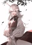  1girl alina_(arknights) animal_ears arknights belt black_neckwear blue_eyes brown_dress chinese_commentary commentary_request cookie_(ppyf5328) cowboy_shot dappled_sunlight deer_antlers deer_ears dress eyebrows_visible_through_hair falling_leaves grey_belt grey_hair hair_intakes highres leaf long_hair long_sleeves neckerchief open_mouth simple_background smile solo sunlight upper_teeth white_background white_dress 