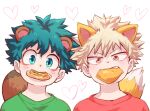  2boys alternate_costume animal_ears bakugou_katsuki bangs blonde_hair boku_no_hero_academia commentary_request cookie eyebrows_visible_through_hair food food_in_mouth fox_ears fox_tail freckles green_eyes green_shirt heart kemonomimi_mode looking_at_viewer male_focus midoriya_izuku mouth_hold multiple_boys portrait raccoon_boy raccoon_ears raccoon_tail red_eyes red_shirt shirt simple_background tail tonomayo v-shaped_eyebrows white_background 