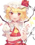  1girl :d ascot bangs blonde_hair blurry blurry_background blurry_foreground child crystal eyebrows_visible_through_hair fang flandre_scarlet hat hat_ribbon highres index_finger_raised itomugi-kun light_particles looking_at_viewer medium_hair mob_cap open_mouth puffy_short_sleeves puffy_sleeves red_eyes red_ribbon red_vest ribbon shirt short_sleeves side_ponytail simple_background smile solo touhou upper_body vest white_background white_headwear white_shirt wings yellow_neckwear 