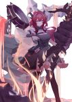  1girl absurdres arknights black_dress chain demon demon_girl demon_horns dress highres holding holding_weapon horns long_hair looking_ahead redhead shui_buzhao_de_chong spiked_armlet surtr_(arknights) sword thigh-highs violet_eyes weapon 