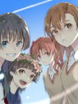  4girls batti_yeah black_hair blue_sailor_collar blue_sky brown_eyes brown_hair brown_vest commentary_request condensation_trail dress_shirt flower gradient_sky green_eyes hair_flower hair_ornament head_wreath long_hair looking_at_viewer misaka_mikoto multiple_girls neckerchief red_neckwear sailor_collar sakugawa_school_uniform saten_ruiko school_uniform serafuku shirai_kuroko shirt short_hair short_sleeves sky sweater_vest toaru_kagaku_no_railgun toaru_majutsu_no_index tokiwadai_school_uniform twintails uiharu_kazari upper_body vest white_shirt 