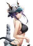 1girl arknights arm_behind_head bare_back bare_shoulders baseball_cap bikini black_bikini blue_hair blush commentary_request dragon_horns dragon_tail female_tourist_c_(arknights) from_side hair_bun halterneck hat highleg highleg_bikini holding holding_eyewear horns horns_through_headwear hoshiguma_(arknights) looking_at_viewer looking_to_the_side navel partial_commentary ri_qing short_shorts shorts sidelocks simple_background solo sunglasses swimsuit tail white_background 