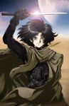  1980s_(style) 1boy animification black_eyes black_hair bodysuit cloak dennis_pulido desert dune_(movie) dune_(novel) dune_(planet) english_commentary gleam highres holding holding_knife knife moon paul_atreides retro_artstyle sand science_fiction solo 