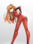  1girl absurdres ass bangs blue_eyes bodysuit breasts evangelion:_3.0+1.0_thrice_upon_a_time eyebrows_visible_through_hair eyepatch gradient gradient_background hair_ornament hand_on_hip highres interface_headset kiritzugu long_hair long_sleeves looking_at_viewer looking_back medium_breasts neon_genesis_evangelion orange_hair parted_lips pilot_suit rebuild_of_evangelion red_bodysuit shiny shiny_clothes shiny_hair simple_background skin_tight smile solo souryuu_asuka_langley symbol-only_commentary teeth v 