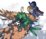  :d arrow_(projectile) bangs bird black_gloves blonde_hair blurry character_request copyright_request crossover decidueye from_above gen_7_pokemon gender_request gloves green_eyes hat holding holding_clothes holding_hat looking_up ohhhhhhtsu open_mouth owl pokemon pokemon_(creature) purple_headwear short_hair sketch smile teeth tongue translation_request yellow_eyes 