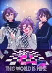  3boys :d bangs bishop_(chess) black_cape black_jacket blood cape card cele_(310v3) checkered checkered_floor checkered_scarf chess_piece commentary dangan_ronpa_(series) dangan_ronpa_v3:_killing_harmony dice english_commentary english_text eyebrows_visible_through_hair facing_viewer grin hair_between_eyes hand_on_own_cheek hand_on_own_face hand_up hands_up highres jacket king_(chess) male_focus multiple_boys multiple_persona official_alternate_costume open_mouth ouma_kokichi pink_blood playing_card purple_hair queen_(chess) rook_(chess) scarf sitting smile sweatdrop thinking violet_eyes 