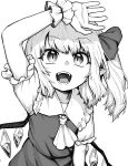  1girl bangs crystal fangs flandre_scarlet greyscale hair_ribbon hand_up long_hair monochrome oninamako open_mouth pointy_ears ribbon shirt short_hair side_ponytail skirt slit_pupils smile solo touhou underwear white_background wings wrist_cuffs 