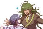  2boys :d bangs blazer blush brown_jacket bug butterfly checkered checkered_scarf closed_eyes commentary_request dangan_ronpa_(series) dangan_ronpa_v3:_killing_harmony facing_another glasses gokuhara_gonta green_hair green_neckwear grey_background imminent_hug insect jacket long_hair long_sleeves looking_at_another multiple_boys necktie open_mouth ouma_kokichi purple_hair purple_scarf round_eyewear scarf shiny shiny_hair short_hair simple_background smile upper_body white_scarf youko-shima 