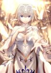  1girl blonde_hair blue_eyes braid closed_mouth clouds detached_sleeves dress falling_feathers fate/grand_order fate_(series) feathers fleur_de_lis headpiece jeanne_d&#039;arc_(fate) jeanne_d&#039;arc_(fate)_(all) light_rays long_hair looking_at_viewer lostroom_outfit_(fate) official_art reaching_out single_braid smile solo sunbeam sunlight takeuchi_takashi white_dress white_sleeves 
