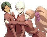  1girl 2boys :d bangs big_hair bow brown_hair brown_jacket brown_skirt collared_shirt commentary_request dangan_ronpa_(series) dangan_ronpa_v3:_killing_harmony frown green_hair hair_bow hair_ornament hope&#039;s_peak_academy_school_uniform hug jacket long_hair long_sleeves multiple_boys munakata_kyousuke necktie open_clothes open_jacket open_mouth pink_bow ponytail red_neckwear ribbon sakakura_juuzou sandwiched school_uniform shirt short_hair skirt smile sweatdrop upper_body upper_teeth violet_eyes white_hair white_shirt youko-shima yukizome_chisa 