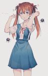  1girl alternate_hairstyle blue_eyes brown_hair cowboy_shot dress_shirt grey_background hajikkoneko highres interface_headset looking_at_viewer neck_ribbon neon_genesis_evangelion red_ribbon ribbon shirt skirt solo souryuu_asuka_langley suspender_skirt suspenders tokyo-3_middle_school_uniform_(evangelion) twintails white_shirt 