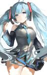  1girl :o absurdres ahoge aqua_eyes aqua_hair aqua_neckwear bangs bare_shoulders blunt_bangs blush breasts clothes_lift cowboy_shot detached_sleeves eyebrows_visible_through_hair from_below hatsune_miku headset highres long_hair looking_at_viewer medium_breasts mizuiro_sanshou necktie pleated_skirt shirt simple_background sketch skirt skirt_lift solo thighs tight tight_shirt twintails very_long_hair vocaloid white_background 