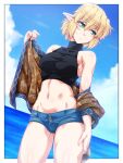  1girl blonde_hair blue_shorts blue_sky breasts clouds commentary_request day eyebrows_visible_through_hair green_eyes hair_between_eyes looking_to_the_side medium_breasts midriff mizuhashi_parsee navel ocean ootsuki_wataru pointy_ears short_hair short_shorts shorts sky solo thighs touhou 