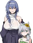  2girls animal_ears aqua_eyes bangs banssee bare_shoulders blue_hair blush braid braided_ponytail breasts choker dp-12_(girls_frontline) eyebrows_visible_through_hair flower french_braid girls_frontline grey_eyes grey_hair hair_between_eyes hair_flower hair_ornament hair_over_shoulder hairband height_difference highres huge_breasts ksvk_(girls_frontline) looking_at_viewer mother_and_daughter multiple_girls off_shoulder official_alternate_costume smile sunflower sweat upper_body wavy_mouth white_background younger 