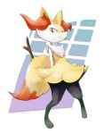  absurdres animal_ear_fluff arms_behind_back braixen closed_mouth commentary_request digitigrade full_body furry gen_6_pokemon highres legs_apart looking_to_the_side orange_eyes pigeon-toed pokemon pokemon_(creature) signature smile solo standing stick white_fur zigrock 