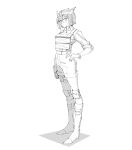  1girl arknights boots commentary cosplay full_body greyscale hand_on_hip highres knee_pads looking_at_viewer monochrome official_alternate_costume owl_ears saria_(arknights) saria_(arknights)_(cosplay) saria_(the_law)_(arknights) saria_(the_law)_(arknights)_(cosplay) semi-rimless_eyewear shirt short_hair shorts silence_(arknights) simple_background solo standing thigh_strap under-rim_eyewear wristband zy 