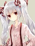  1girl alternate_hairstyle bangs bow commentary_request fujiwara_no_mokou grey_background grey_hair hair_bow highres long_hair long_sleeves nikorashi-ka red_bow red_eyes shirt solo suspenders touhou twintails upper_body white_bow white_shirt 
