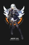  1girl absurdres agent_416_(girls_frontline) assault_rifle bangs commentary_request facial_mark full_body girls_frontline gloves green_eyes gun h&amp;k_hk416 hair_ornament highres hk416_(girls_frontline) holding holding_gun holding_weapon jacket knee_pads latin_text long_hair long_sleeves mask mask_around_neck official_alternate_costume open_clothes open_jacket optical_sight p416 pantyhose pleated_skirt respirator rifle shoes silver_hair skirt solo tom_clancy&#039;s_the_division umi_okami_kun vertical_foregrip weapon white_skirt 