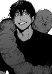  1boy bangs fushiguro_touji greyscale grin hair_between_eyes highres jujutsu_kaisen kmskc_f looking_at_viewer male_focus monochrome monster scar scar_on_face shirt short_hair short_sleeves simple_background smile solo teeth tsurime upper_body 