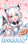  1girl :d absurdres ahoge animal_ear_fluff animal_ears armband bilibili_xiaolu blue_eyes braid chinese_commentary detached_sleeves fox_ears fox_girl fox_tail hair_between_eyes highres holding holding_plate holding_spoon hololive milestone_celebration open_mouth plate shirakami_fubuki shirt short_hair smile solo spoon tail virtual_youtuber white_hair white_shirt white_sleeves 