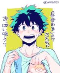  1boy bakugou_katsuki bangs black_hair blue_eyes blush boku_no_hero_academia border censored character_censor clothes_lift collarbone commentary_request flat_color freckles green_eyes green_hair holding limited_palette looking_at_viewer male_focus messy_hair midoriya_izuku novelty_censor open_mouth shirt shirt_lift simple_background solo sweat tonomayo translation_request twitter_username two-tone_background upper_body white_background white_border yellow_background 