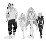  2girls 3boys ahoge bangs bare_arms black_hoodie black_pants braid carrying closed_eyes closed_mouth dress eyewear_on_head gladion_(pokemon) greyscale guzma_(pokemon) hand_up hau_(pokemon) highres holding_hands hood hoodie knees lillie_(pokemon) long_hair lusamine_(pokemon) monochrome multiple_boys multiple_girls pants piggyback pleated_skirt pokemon pokemon_(game) pokemon_sm ponytail shirt shoes short_dress short_hair short_sleeves skirt sleeveless sleeveless_dress smile standing sunglasses suzuki_zentarou 