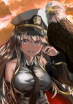  1girl azur_lane bald_eagle belt bird black_coat black_neckwear blouse blush breasts check_commentary clouds cloudy_sky coat commentary_request eagle enterprise_(azur_lane) grey_hair hat highres large_breasts long_hair long_sleeves looking_at_viewer mentos_(rundymentos) necktie off_shoulder peaked_cap sky sleeveless_blouse smile sunset underbust upper_body violet_eyes 