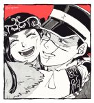 1boy 1girl ainu ainu_clothes artist_name asirpa black_hair cheek-to-cheek closed_eyes earrings fur_collar golden_kamuy greyscale hat jewelry long_sleeves looking_at_another looking_at_viewer military military_hat military_uniform monochrome open_mouth prepbon red_background scar scar_on_face sugimoto_saichi uniform 