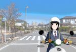  1girl absurdres black_hair bob_cut brown_eyes ground_vehicle highres honda_super_cub huge_filesize jacket koguma_(super_cub) motor_vehicle motorcycle photo-referenced school_uniform short_hair solo super_cub t2k_mk2 