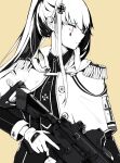  1girl assault_rifle cloak closed_mouth cross_hair_ornament eyebrows_visible_through_hair girls_frontline gloves greyscale gun h&amp;k_hk416 hair_ornament hk416_(girls_frontline) holding holding_weapon long_hair looking_away monochrome ponytail rifle serious solo standing umi_okami_kun uniform weapon yellow_background 