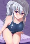  1girl bangs bare_arms bare_shoulders blue_swimsuit blush breasts commentary_request eyebrows_visible_through_hair hair_ornament huyumitsu large_breasts long_hair looking_at_viewer one-piece_swimsuit original school_swimsuit side_ponytail sitting smile solo swimsuit thighs violet_eyes 
