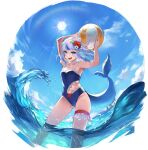  1girl ball bare_arms bare_shoulders beachball blue_eyes blue_hair blue_sky blue_swimsuit clothing_cutout clouds commentary_request day fish_tail flower gawr_gura hair_flower hair_ornament hololive hololive_english leg_garter legs_apart looking_at_viewer medium_hair multicolored_hair navel navel_cutout ocean one-piece_swimsuit open_mouth outdoors shark_tail sharp_teeth sky smile solo sorutoneko streaked_hair sun sunlight swimsuit tail teeth thighs virtual_youtuber water white_hair 