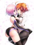  2girls absurdres ahoge arched_back ass bangs bare_shoulders black_legwear black_leotard black_skirt blush breast_press breasts chaldea_uniform elbow_gloves fate/grand_order fate_(series) fujimaru_ritsuka_(female) gloves hair_ornament hair_over_one_eye hair_scrunchie highleg highleg_leotard highres hug koflif large_breasts leotard light_purple_hair long_sleeves looking_at_another mash_kyrielight medium_breasts multiple_girls one_side_up orange_eyes orange_hair pantyhose petals purple_gloves scrunchie shirt short_hair skirt smile thigh-highs thighs violet_eyes white_shirt yuri 