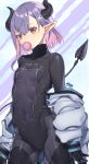  1girl black_bodysuit black_horns bodysuit commentary_request copyright_request demon_girl demon_horns demon_tail hair_ornament highres horns looking_at_viewer murata_tefu pointy_ears purple_hair red_eyes short_hair solo tail x_hair_ornament 