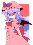  1girl ascot bat_wings black_sky blue_flower blue_hair bow brooch clouds cravat dress flower frilled_shirt frilled_shirt_collar frilled_sleeves frills hat hat_ribbon highres jewelry light_purple_hair mob_cap night op_na_yarou outdoors pink_dress puffy_short_sleeves puffy_sleeves purple_hair red_bow red_eyes red_ribbon red_sky remilia_scarlet ribbon ribbon_trim rose sash shirt short_hair short_sleeves sky star_(sky) touhou wings wrist_cuffs 