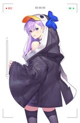  1girl absurdres bangs bare_shoulders black_legwear eyebrows_behind_hair eyebrows_visible_through_hair fate/grand_order fate_(series) hair_between_eyes highres hood hoodie long_hair looking_at_viewer looking_back meltryllis_(fate) meltryllis_(swimsuit_lancer)_(fate) purple_hair ribbon simple_background smile solo standing sugarhigh thigh-highs violet_eyes white_background 