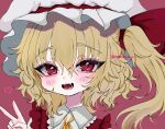  1girl :d bangs eyebrows_visible_through_hair flandre_scarlet hat hat_ribbon heart highres looking_at_viewer medium_hair mob_cap open_mouth red_background red_eyes red_ribbon renakobonb ribbon side_ponytail simple_background smile solo touhou twitter_username upper_body v white_headwear 