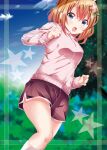  1girl eyebrows_visible_through_hair gochuumon_wa_usagi_desu_ka? hair_ornament hairclip highres hoto_cocoa kohakugin open_mouth orange_hair outdoors short_hair shorts socks solo violet_eyes 