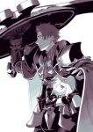  1boy 1girl animoool armor breasts cape fate/grand_order fate_(series) gauntlets hair_over_one_eye holding holding_shield lancelot_(fate/grand_order) limited_palette mash_kyrielight medium_breasts pauldrons shield shoulder_armor twitter_username 