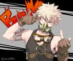  1boy bakugou_katsuki bangs bare_shoulders belt black_background blonde_hair boku_no_hero_academia brown_belt brown_gloves collarbone commentary_request eyebrows_visible_through_hair finger_gun finger_gun_to_head gloves goggles goggles_on_head grey_background hand_up jewelry looking_at_viewer male_focus mask middle_finger mouth_mask necklace o-ring open_mouth red_eyes sleeveless smile solo spiky_hair tonomayo twitter_username upper_body 