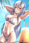 1girl :o alternate_costume arknights armpits arms_behind_head bangs bare_shoulders bikini blue_sky blush breasts breasts_apart bubble_tea collarbone commentary_request covered_nipples cowboy_shot day drinking_straw eyebrows_visible_through_hair hair_between_eyes highres long_hair looking_at_viewer medium_breasts navel outdoors partial_commentary red_eyes shirai_yu silver_hair skadi_(arknights) sky solo stomach swimsuit very_long_hair white_bikini 