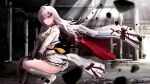  1girl bangs black_gloves breasts cloak closed_mouth eyebrows_visible_through_hair gibun_(sozoshu) girls_frontline gloves highres holding holding_weapon iws_2000_(girls_frontline) long_hair looking_at_viewer red_eyes ruins shoes silver_hair sitting skirt socks solo thighs uniform weapon white_cloak white_footwear white_legwear white_skirt 