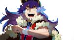  1boy :d bangs baseball_cap cape champion_uniform commentary_request facial_hair fur-trimmed_cape fur_trim hand_up hat highres leon_(pokemon) long_hair looking_at_viewer male_focus open_mouth pahyon pokemon pokemon_(game) pokemon_swsh purple_hair red_cape shield_print shirt short_sleeves simple_background smile solo sword_print teeth tongue upper_body white_background white_wristband yellow_eyes 