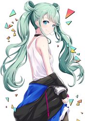  1girl absurdres aqua_eyes aqua_hair black_choker black_legwear blue_skirt choker dot_nose eyebrows_visible_through_hair fingernails half-skirt hatsune_miku highres hood hood_down hoodie long_hair looking_at_viewer looking_back nail_polish o-ring o-ring_choker open_clothes open_hoodie project_sekai simple_background skirt smile solo sweat sweatdrop two_side_up undressing vocaloid white_background 