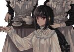  4girls alternate_costume apron bangs black_dress black_hair black_nails blunt_bangs bong_(0u0bon) celestia_ludenberg cup dangan_ronpa:_trigger_happy_havoc dangan_ronpa_(series) dress drill_hair expressionless head_out_of_frame highres holding long_hair long_sleeves looking_at_viewer maid maid_apron multiple_girls nail_polish red_eyes ribbon simple_background solo_focus tea teacup teapot white_apron white_background white_ribbon 