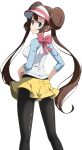  1girl ass black_legwear blue_eyes breasts brown_hair closed_mouth double_bun facing_away from_behind hands_on_hips highres long_hair looking_at_viewer looking_back medium_breasts pantyhose pokemon pokemon_(game) pokemon_bw2 rosa_(pokemon) shorts smile solo standing tsukishiro_saika twintails visor_cap yellow_shorts 