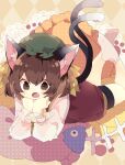  1girl :o animal_ear_fluff animal_ears argyle argyle_background bangs black_shorts blush brown_eyes brown_hair cat_ears cat_tail chen eyebrows_visible_through_hair fang feet_up fish_bone gold_trim green_headwear hair_between_eyes hands_on_chin hands_up hat head_rest highres long_sleeves looking_at_viewer lying mob_cap multiple_tails nekomata nikorashi-ka no_shoes on_stomach open_mouth pillow polka_dot red_vest short_hair shorts simple_background solo tail touhou two_tails vest 