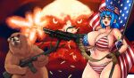  1girl alternate_hairstyle american_flag american_flag_bikini animal ar-15 assault_rifle bald_eagle bear bikini bird blue_hair brand_name_imitation breasts brown_gloves bullet capri_sun curvy drink_pouch eagle erkaz firearm firing flag flag_print fourth_of_july gloves grizzly_bear gun hat holding holding_weapon juice light_machine_gun m249 machine_gun navel original patriotism ponytail rifle rina_atherina swimsuit weapon 