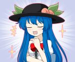  1girl bangs black_headwear blouse blue_hair bow closed_eyes food fruit hand_on_own_chin hat hinanawi_tenshi long_hair okamochi_(pi-chiki) open_mouth peach red_bow simple_background smile sparkle touhou white_background 